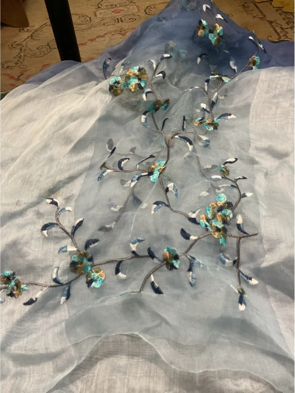 Light Blue to Navy Ombre Sheer Scarf/ Shawl with Floral Embroidery